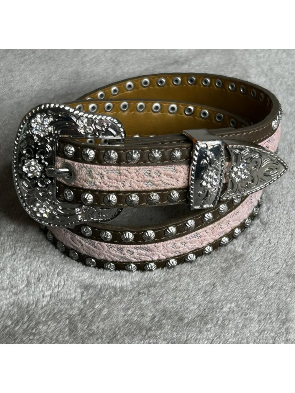 Ariat Western Belt Girls 28 Brown Pink Lace Rhinestone Buckle Studded Cowgirl